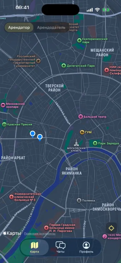Карта с переключателем роли и вкладками